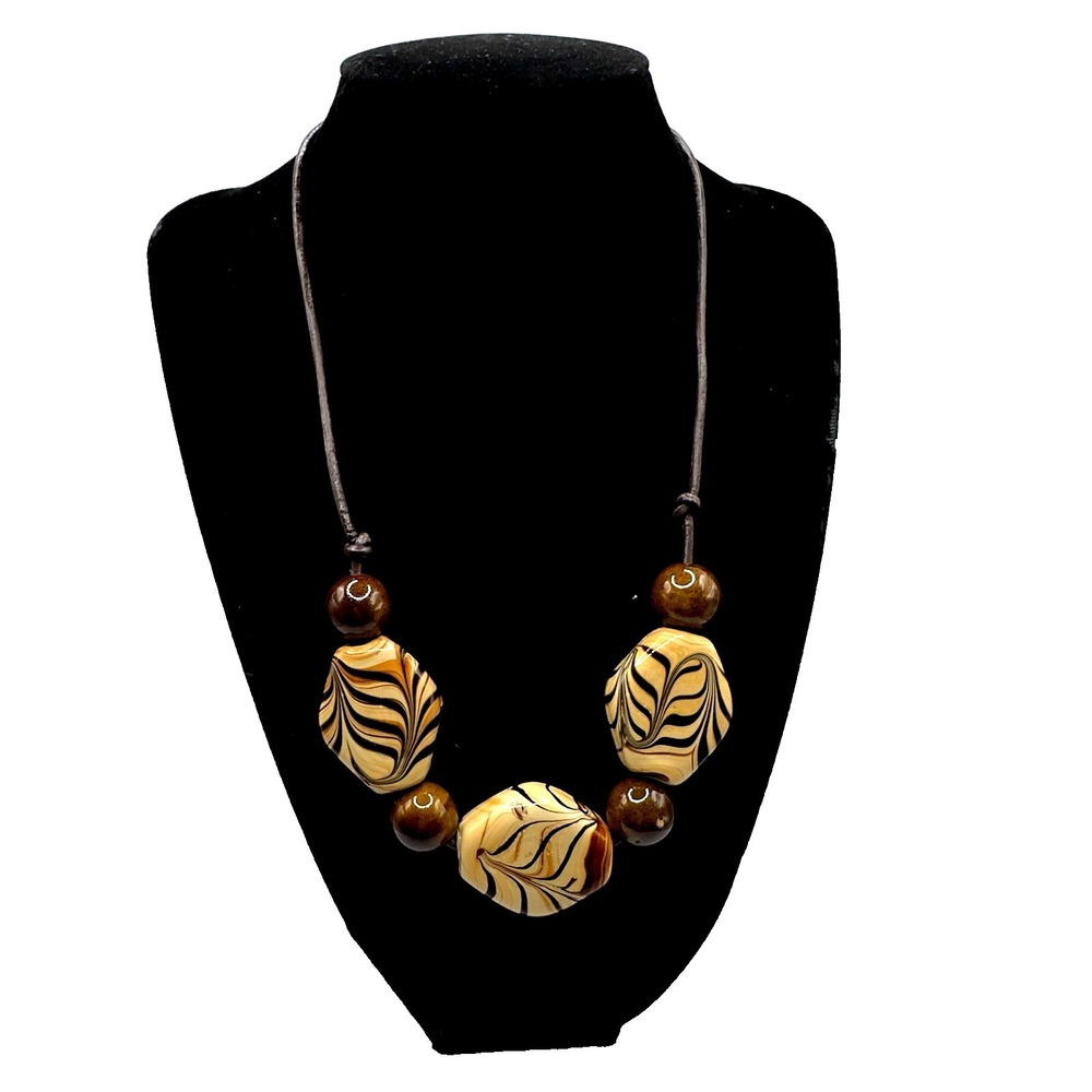 Chunky Boho Glass Ceramic Necklace 18 Inch Tans & Brown Handmade 19" Leather